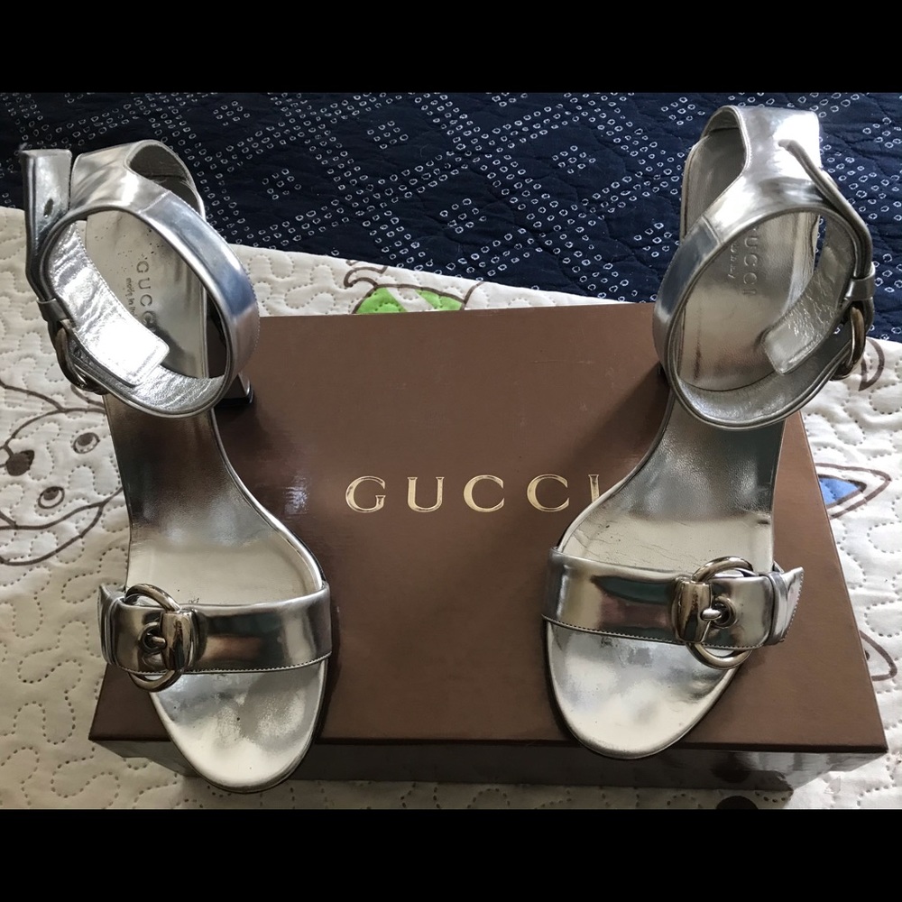 Gucci silver ankle strap heels